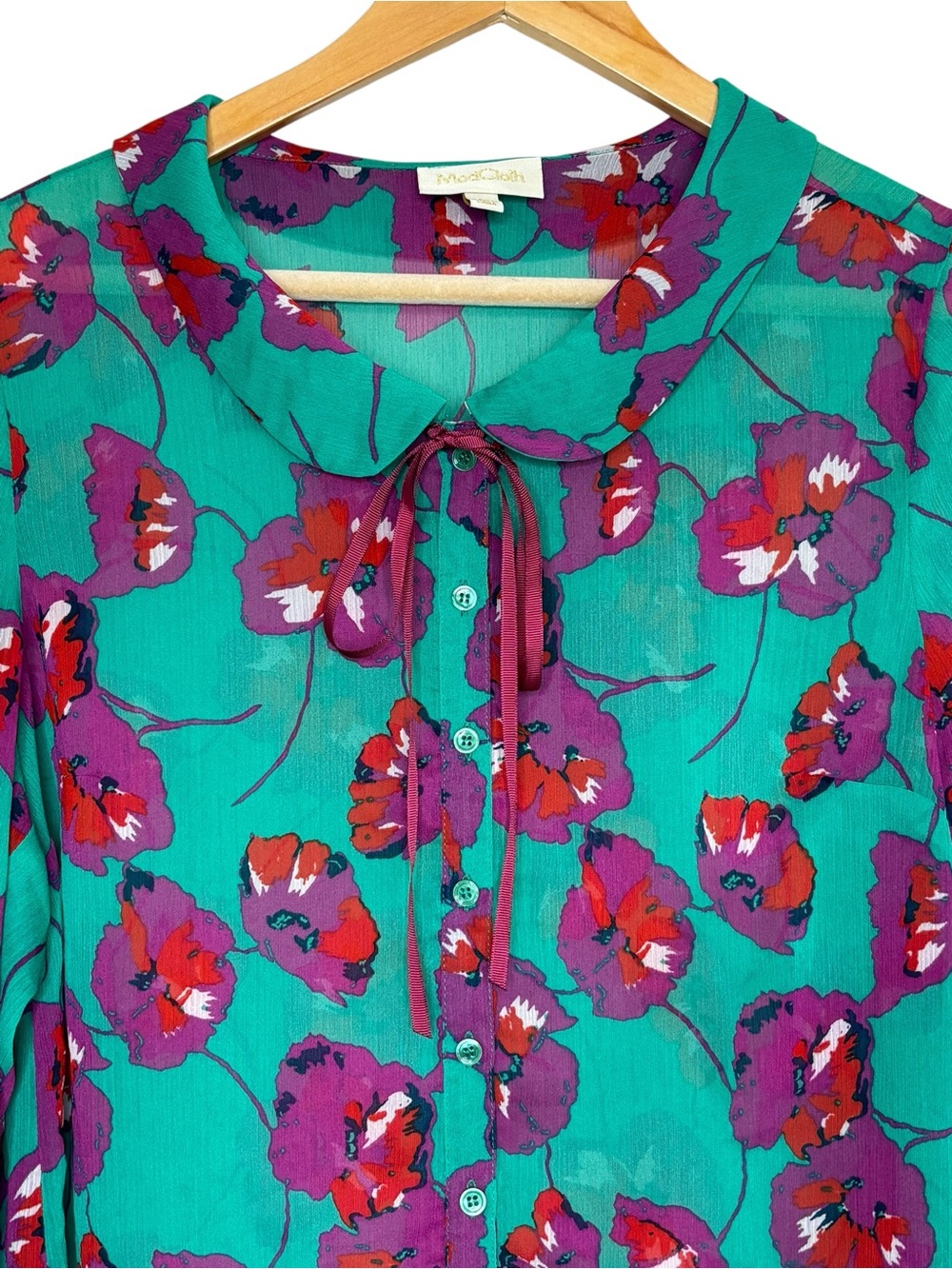 Modcloth button down teal floral tie neck semi sheer blouse size large - Picture 4 of 7